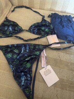 Savage X Fenty Navy Blue & Green Butterfly Print Bikini Set